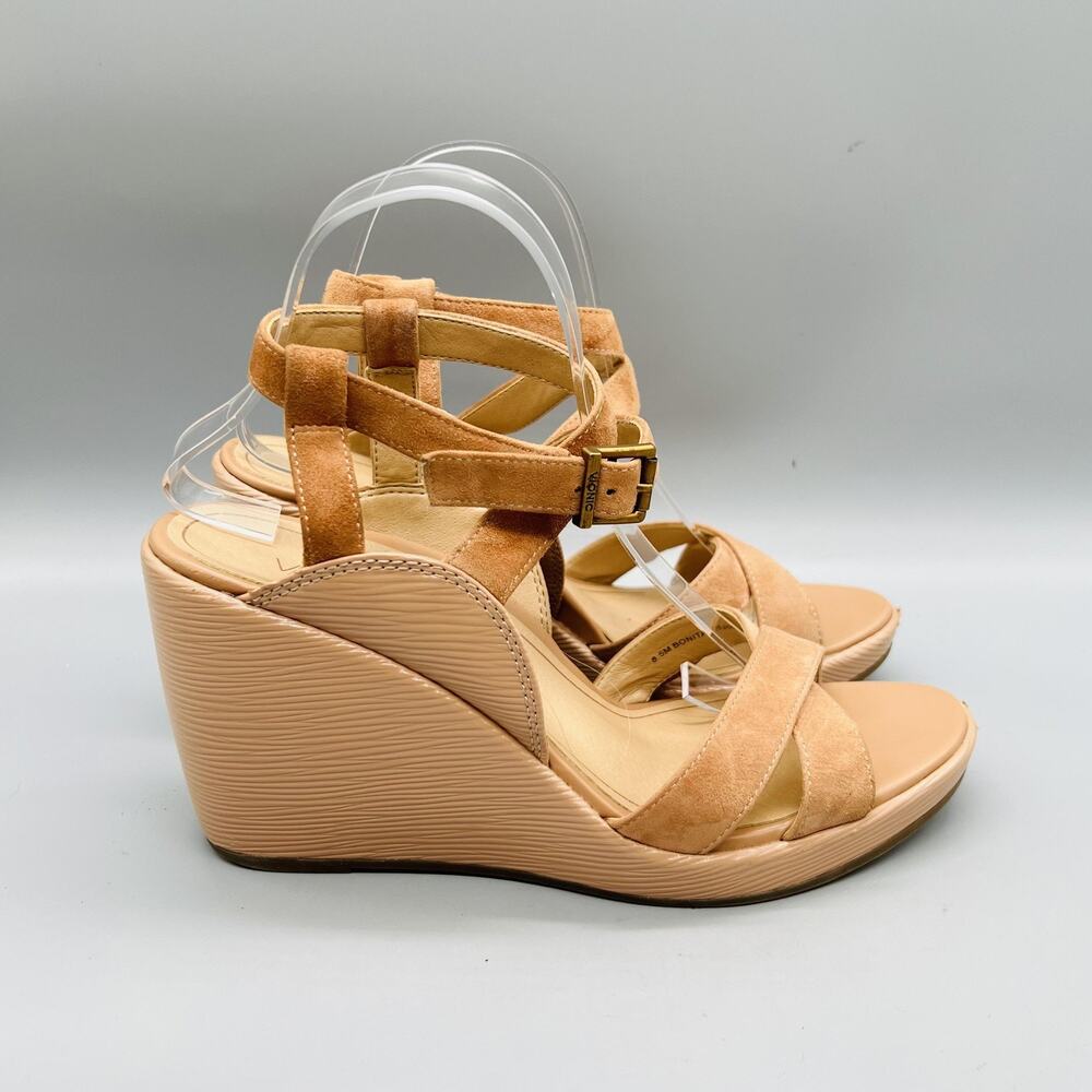 Vionic Sandals Womens 8.5 Beige Suede Bonita Strappy Buckle‎ Wedge Comfort Shoes